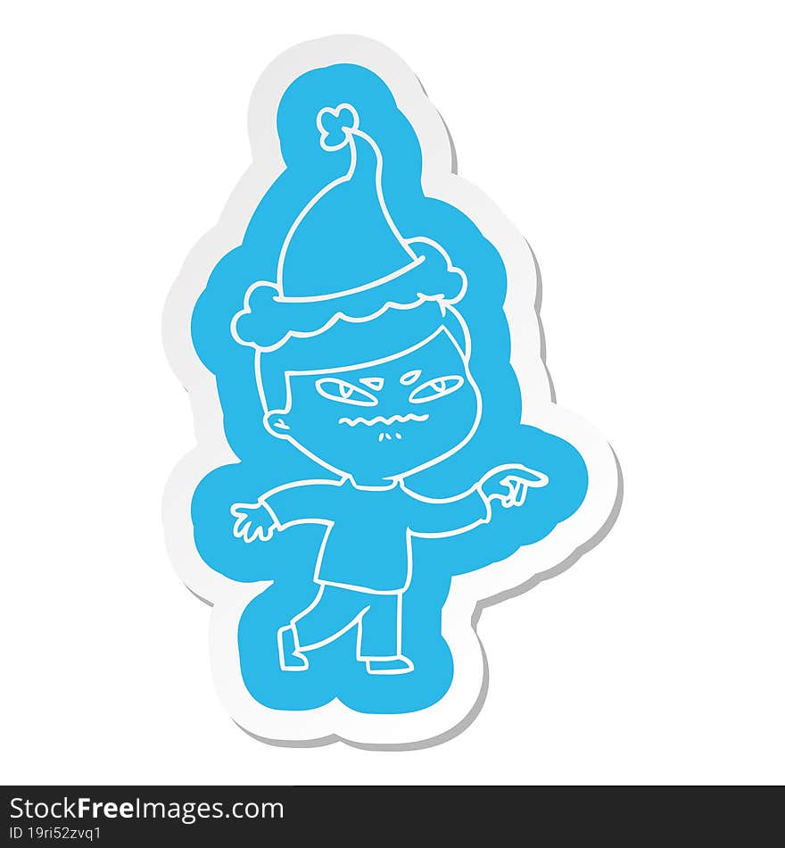 cartoon  sticker of a angry man pointing wearing santa hat