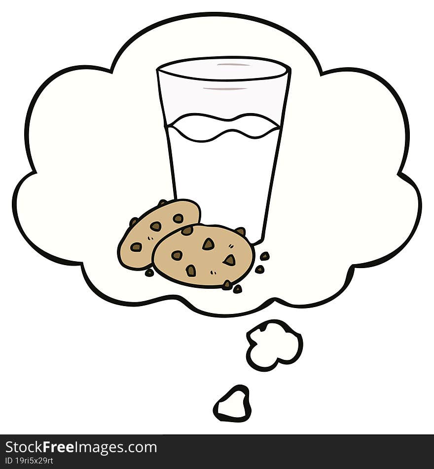 cartoon cookies and milk with thought bubble. cartoon cookies and milk with thought bubble