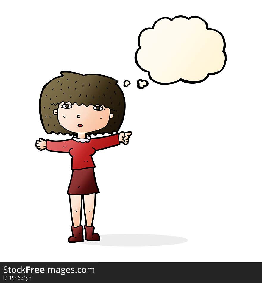 cartoon girl pointing with thought bubble