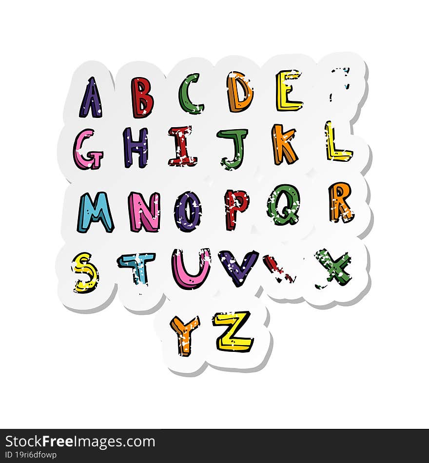 retro distressed sticker of a cartoon alphabet