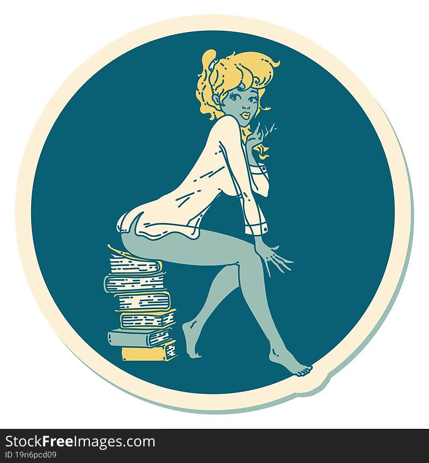 sticker of tattoo in traditional style of a pinup girl sitting on books. sticker of tattoo in traditional style of a pinup girl sitting on books