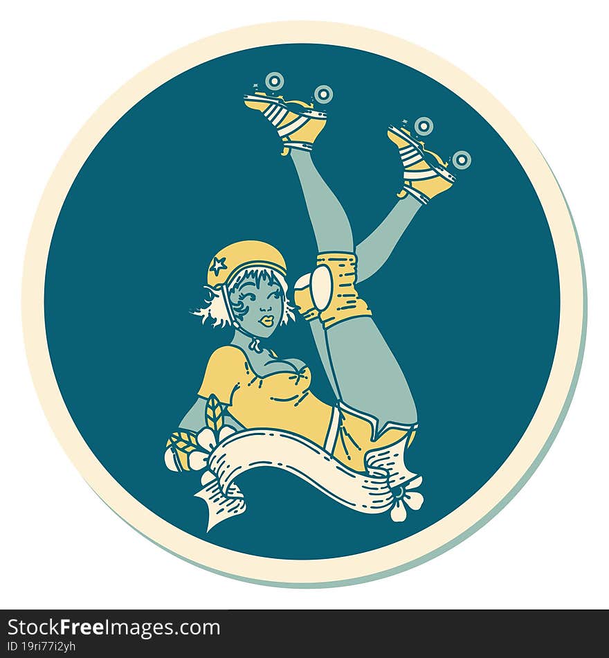 tattoo style sticker of a pinup roller derby girl with banner