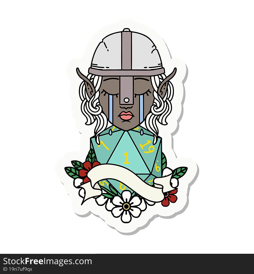 sticker of a crying elf fighter character face with natural one D20 roll. sticker of a crying elf fighter character face with natural one D20 roll