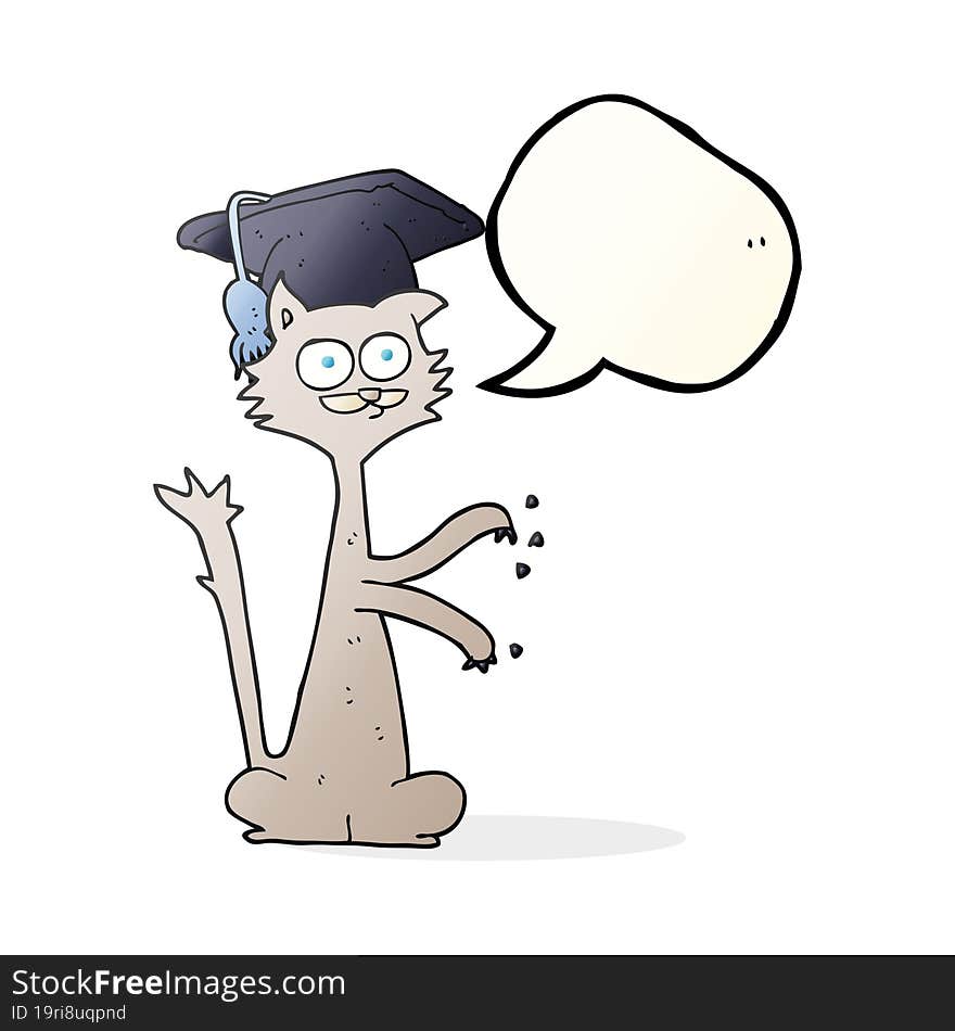 freehand drawn speech bubble cartoon cat scratching with graduation cap. freehand drawn speech bubble cartoon cat scratching with graduation cap