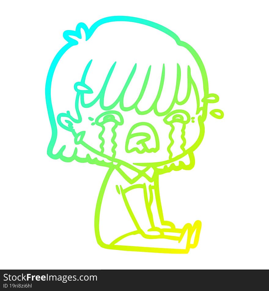 cold gradient line drawing of a cartoon girl crying