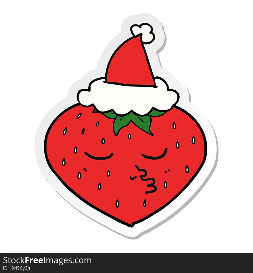 hand drawn sticker cartoon of a strawberry wearing santa hat