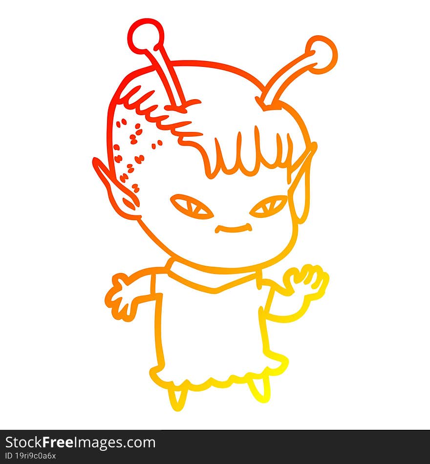 warm gradient line drawing of a cute cartoon alien girl