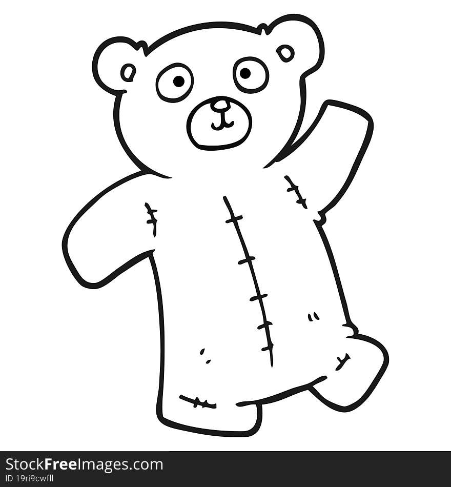 freehand drawn black and white cartoon teddy bear