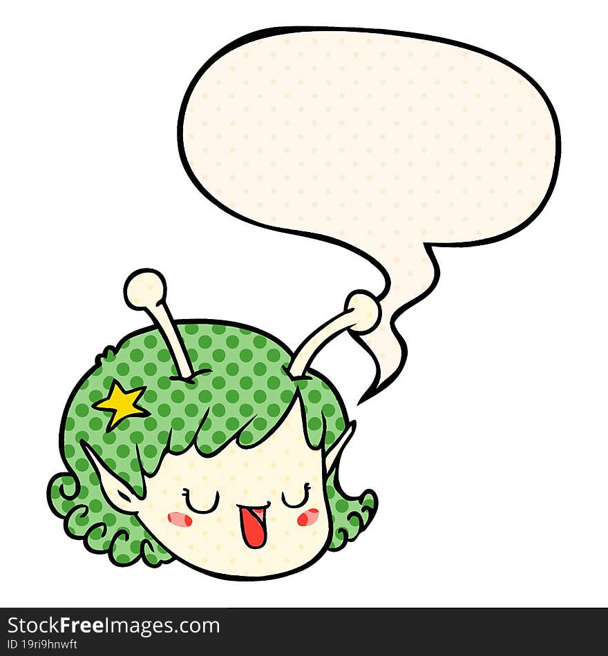 cartoon alien space girl face and speech bubble in comic book style