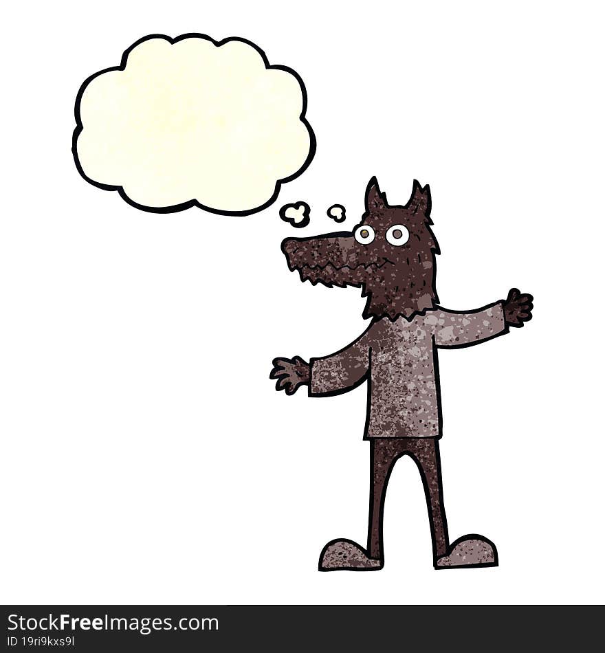 cartoon wolf man with thought bubble