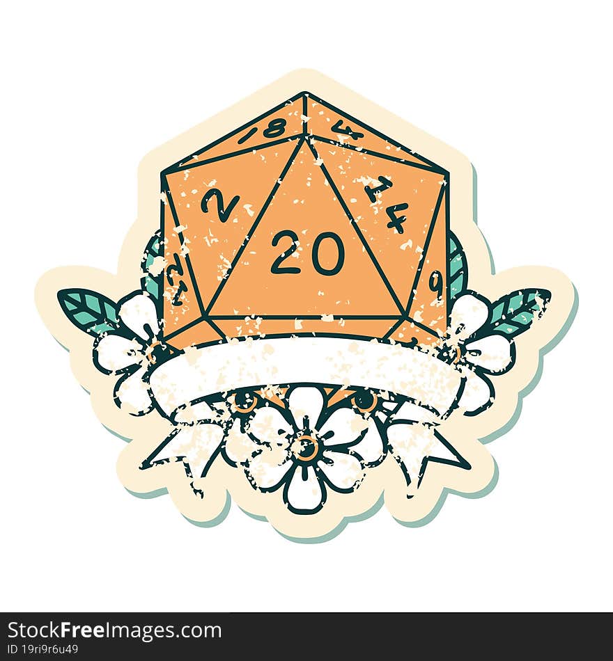 Retro Tattoo Style natural 20 critical hit D20 dice roll. Retro Tattoo Style natural 20 critical hit D20 dice roll