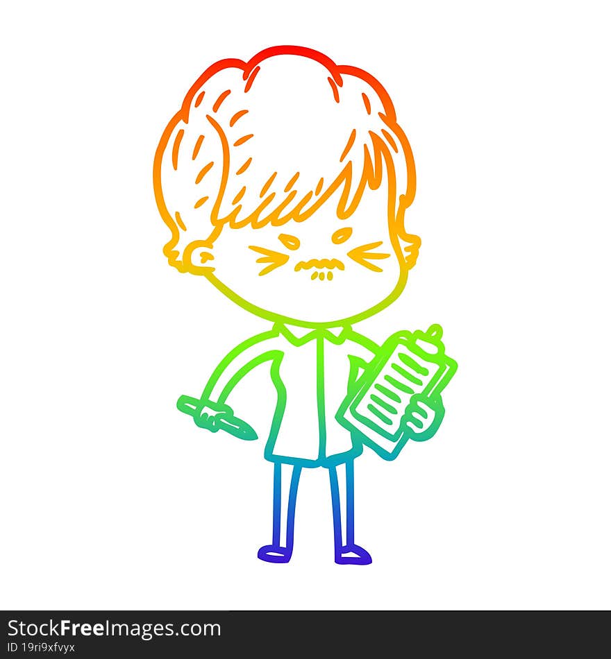 Rainbow Gradient Line Drawing Cartoon Frustrated Woman