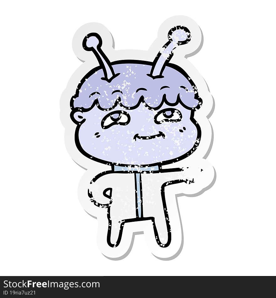 Distressed Sticker Of A Friendly Cartoon Spaceman Pointing