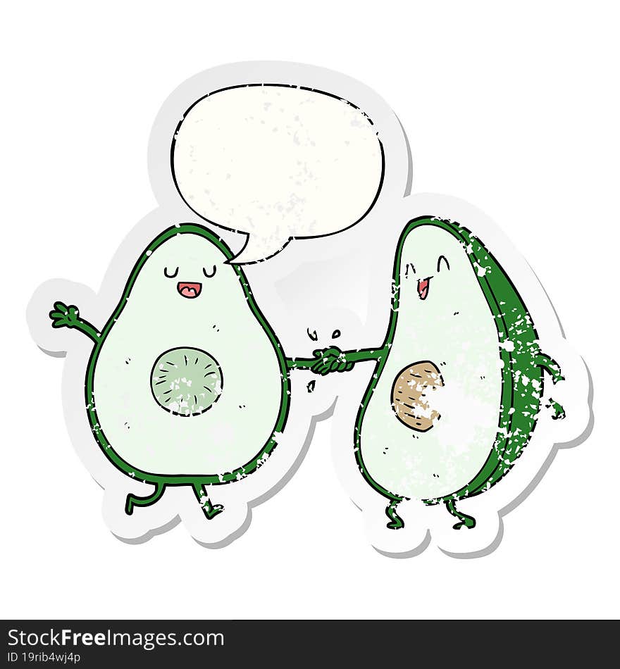 cartoon dancing avocados with speech bubble distressed distressed old sticker. cartoon dancing avocados with speech bubble distressed distressed old sticker