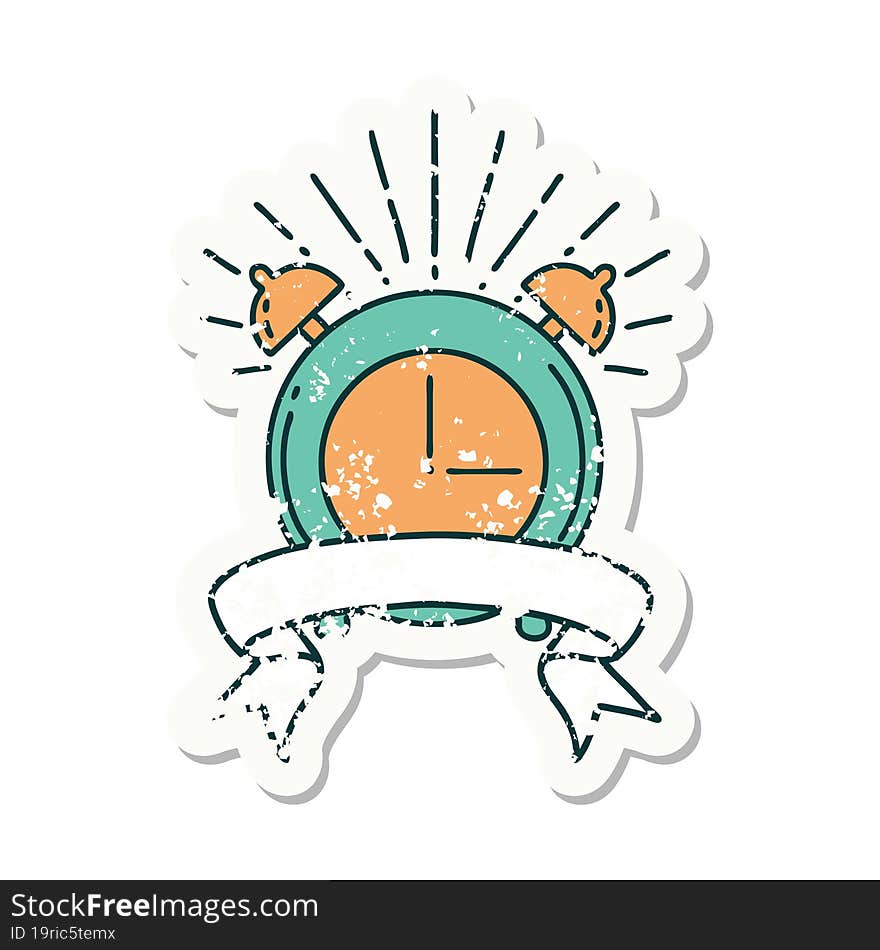 grunge sticker of tattoo style ringing alarm clock