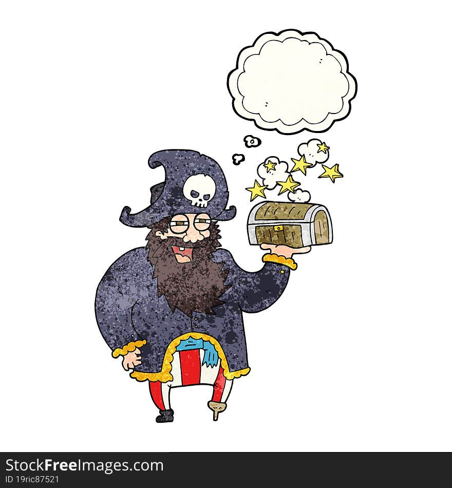 thought bubble textured cartoon pirate captain with treasure chest