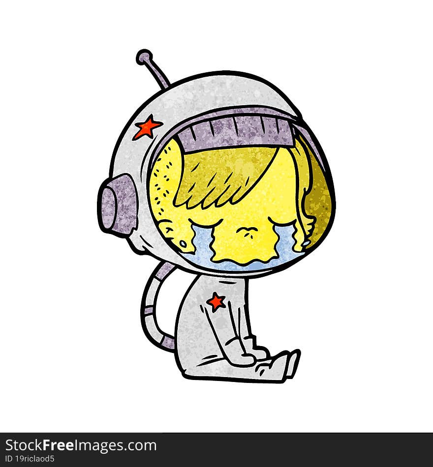 cartoon crying astronaut girl sitting. cartoon crying astronaut girl sitting