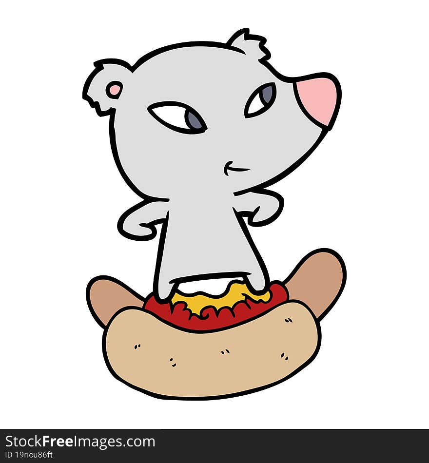 cute cartoon bear riding huge hotdog. cute cartoon bear riding huge hotdog