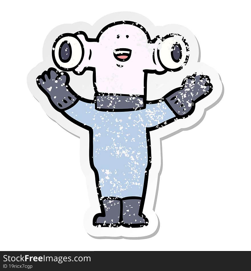 distressed sticker of a friendly cartoon alien waving