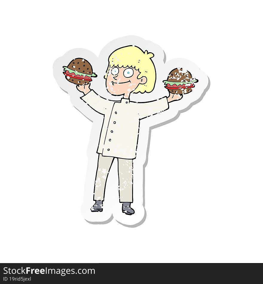 retro distressed sticker of a cartoon chef with burgers