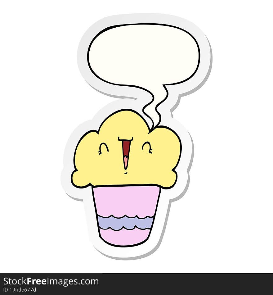 cartoon cupcake with face with speech bubble sticker. cartoon cupcake with face with speech bubble sticker