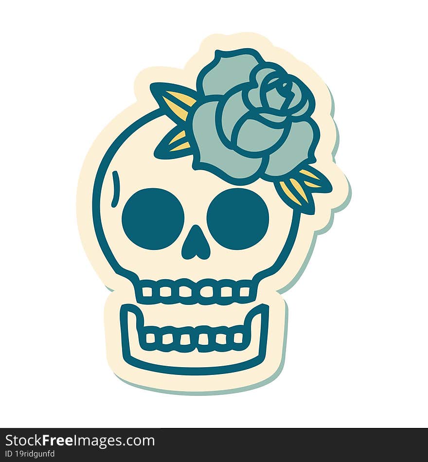 sticker of tattoo in traditional style of a skull and rose. sticker of tattoo in traditional style of a skull and rose