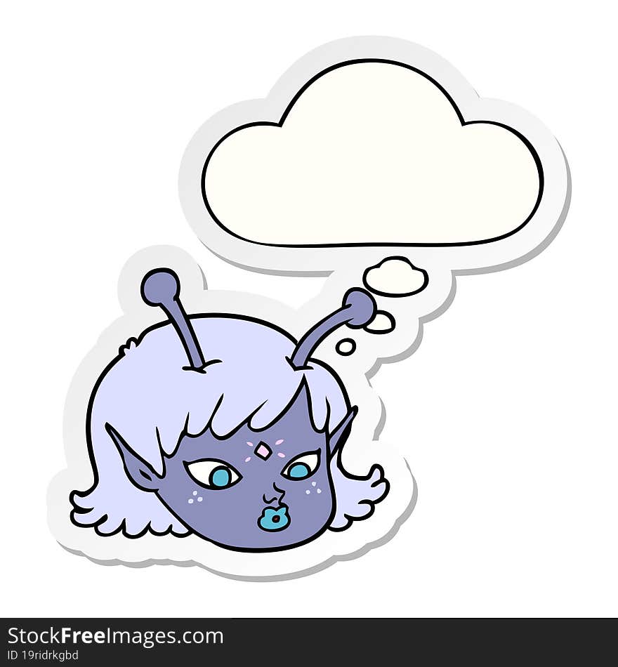 cartoon alien space girl face with thought bubble as a printed sticker