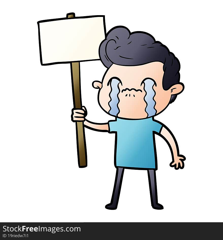 cartoon man crying holding sign. cartoon man crying holding sign