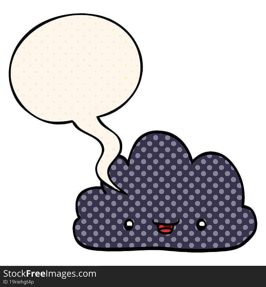 cartoon tiny happy cloud and speech bubble in comic book style