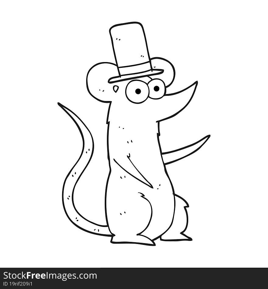 freehand drawn black and white cartoon mouse wearing top hat