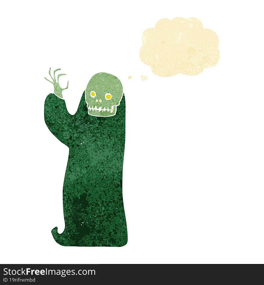 cartoon waving halloween ghoul with thought bubble