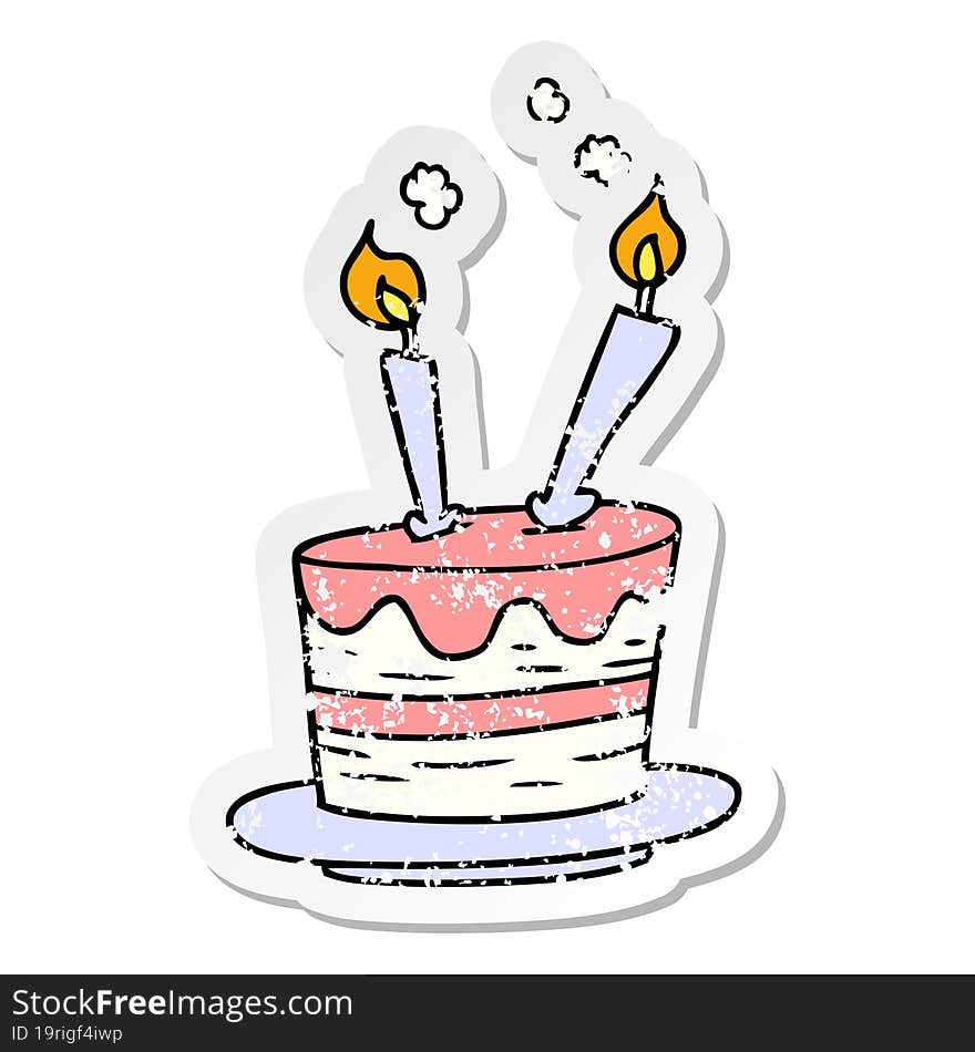 hand drawn distressed sticker cartoon doodle of a birthday cake