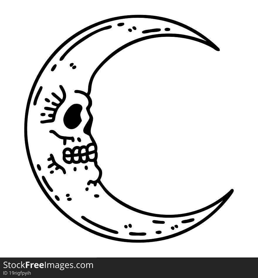 tattoo in black line style of a skull moon. tattoo in black line style of a skull moon