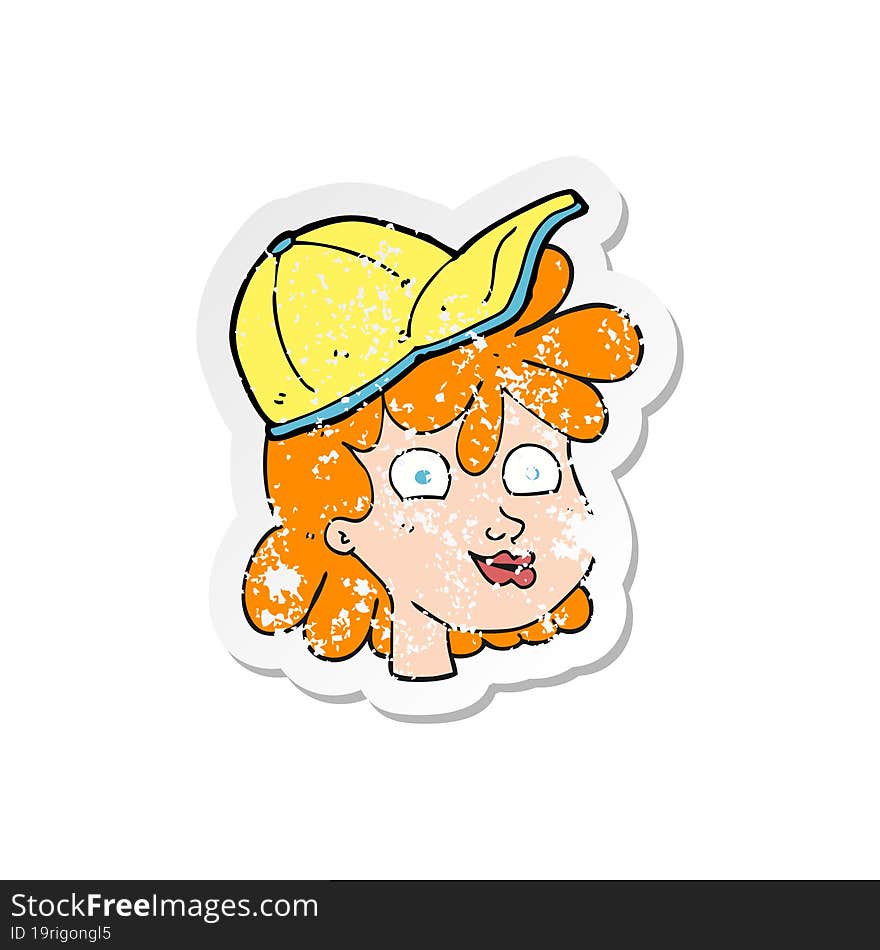 retro distressed sticker of a cartoon female face wearing cap