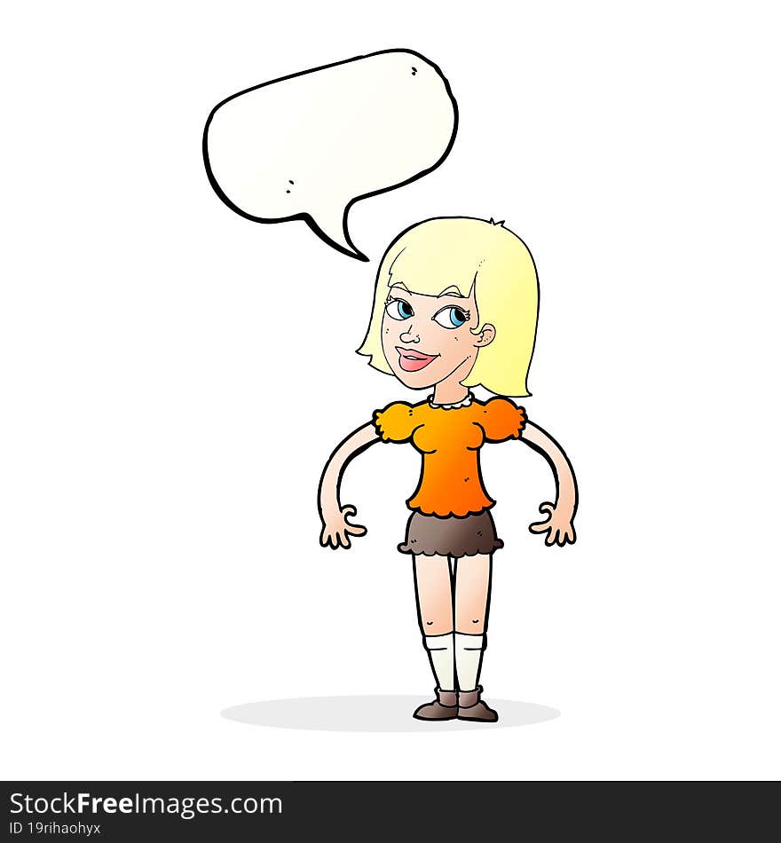 cartoon woman shrugging shoulders with speech bubble