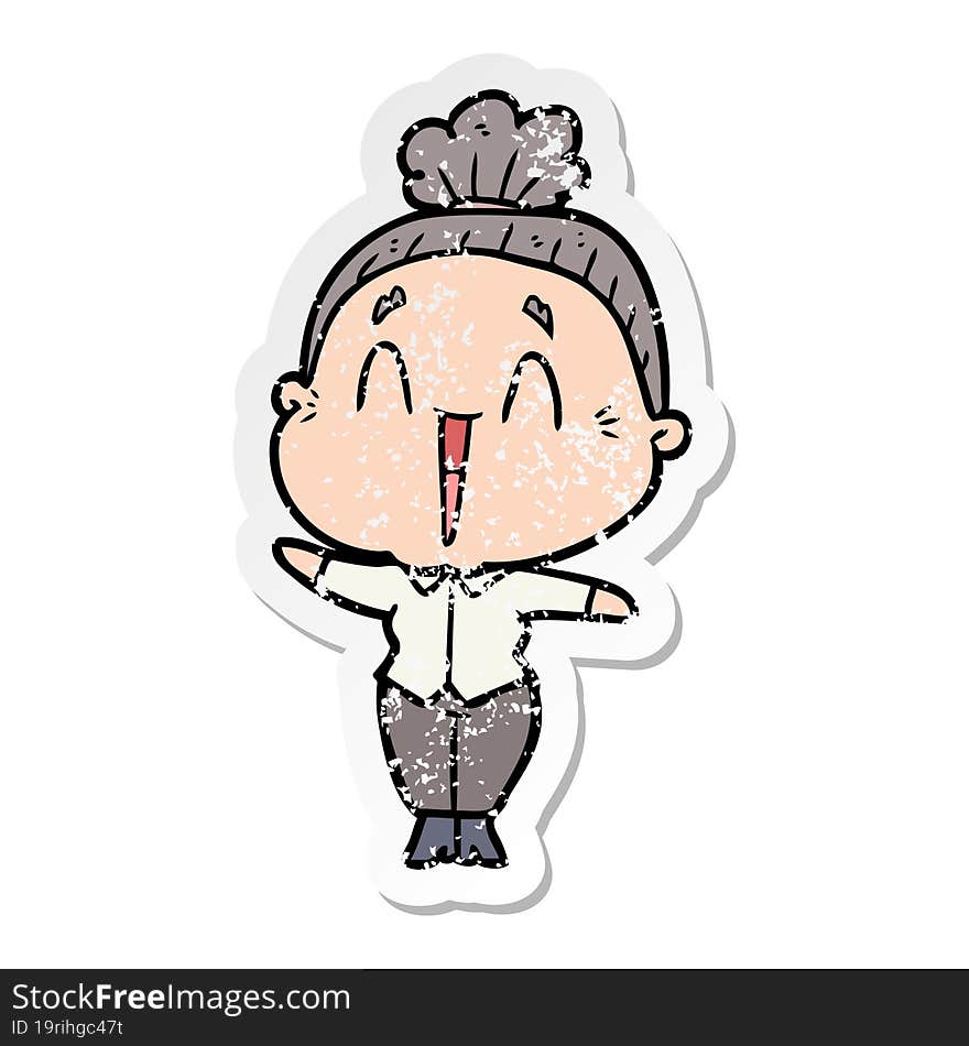 distressed sticker of a cartoon happy old lady