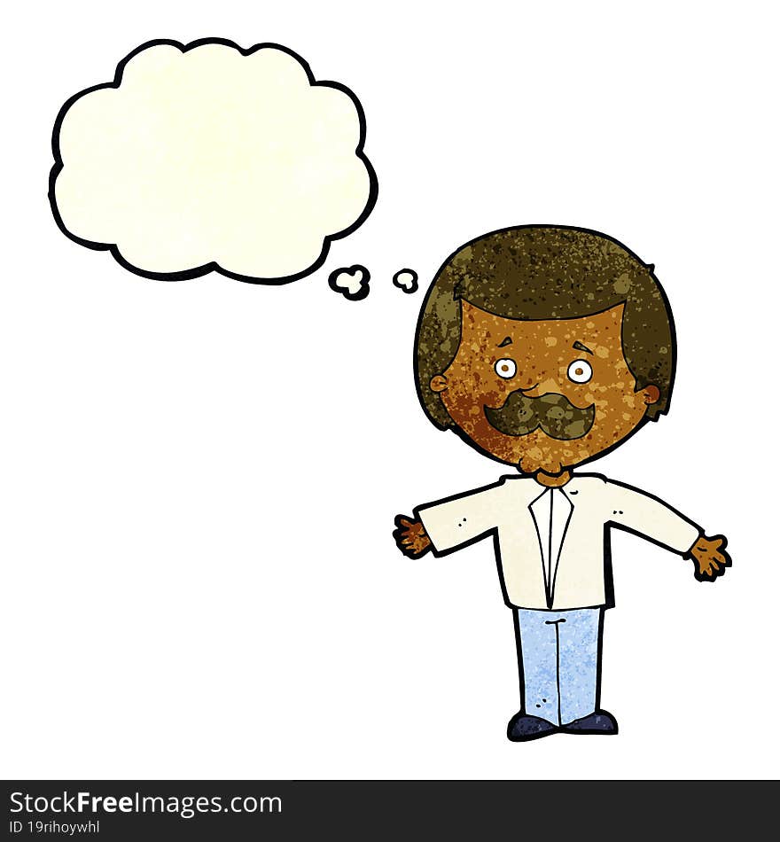 cartoon mustache man with open arms with thought bubble