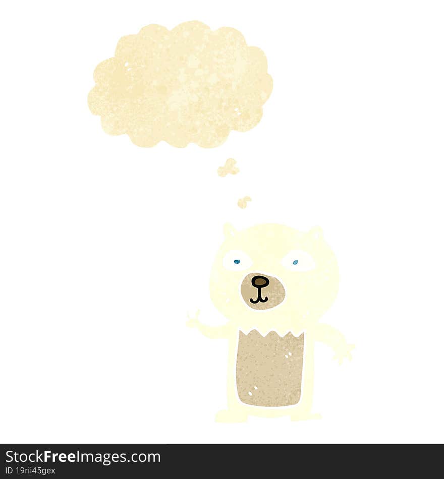 cartoon waving polar bear cub with thought bubble