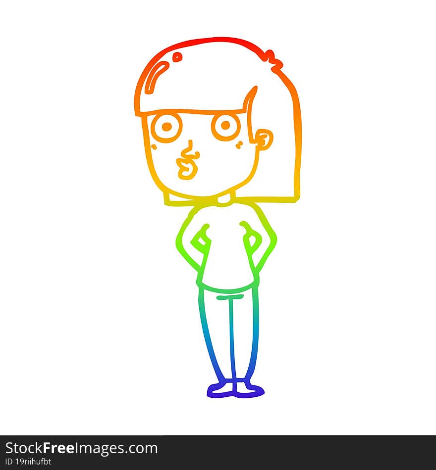 rainbow gradient line drawing cartoon woman staring