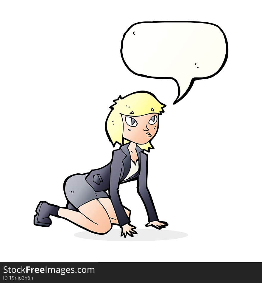 cartoon woman on hands and knees with speech bubble