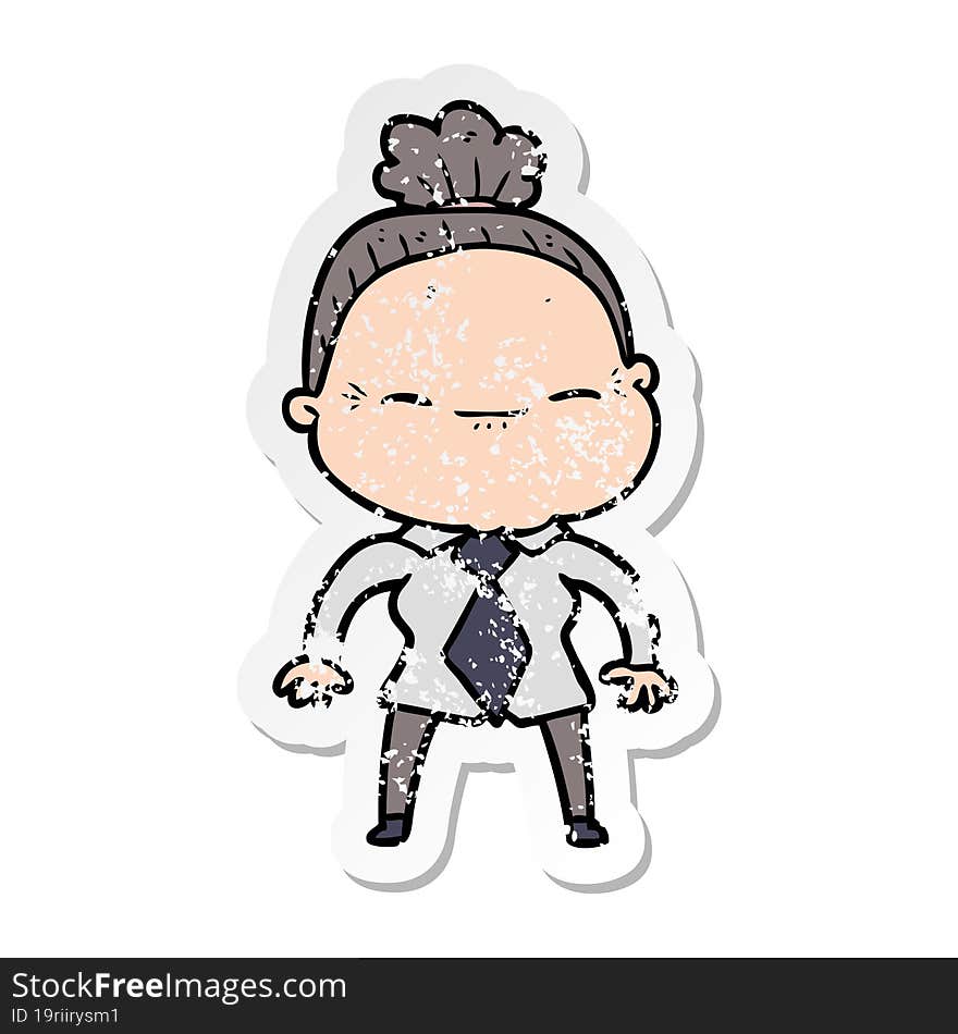 distressed sticker of a cartoon peaceful old woman