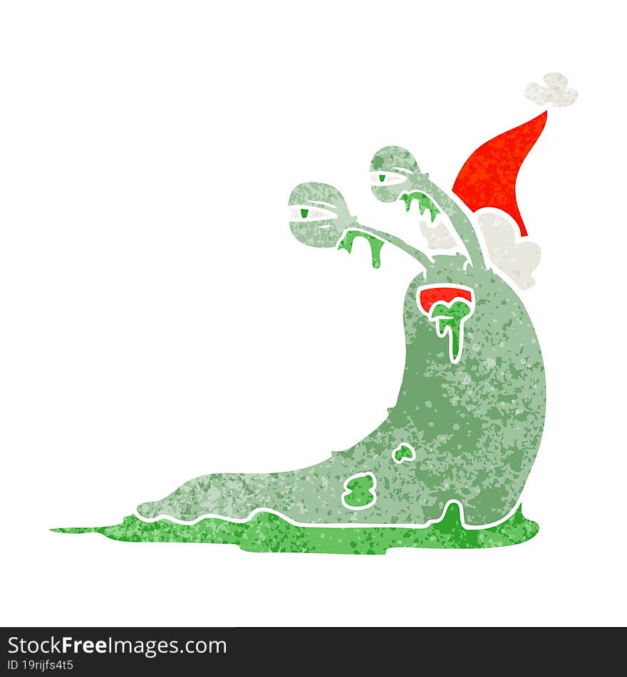 gross retro cartoon of a slug wearing santa hat