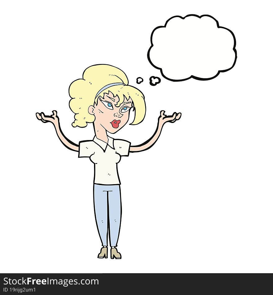 cartoon woman raising hands in air with thought bubble