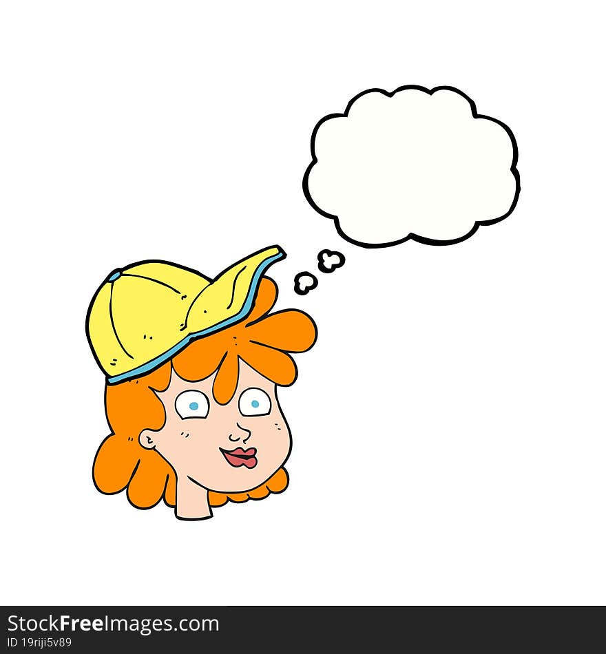 freehand drawn thought bubble cartoon woman wearing cap. freehand drawn thought bubble cartoon woman wearing cap