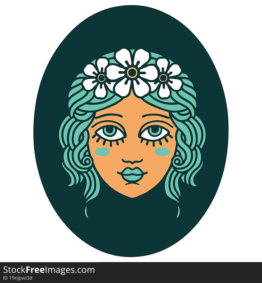 iconic tattoo style image of a maiden with flowers in her hair. iconic tattoo style image of a maiden with flowers in her hair