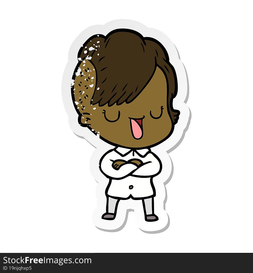 Distressed Sticker Of A Cute Cartoon Girl With Hipster Haircut