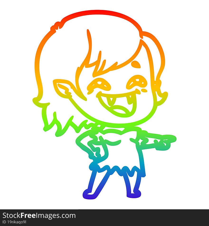 rainbow gradient line drawing of a cartoon laughing vampire girl