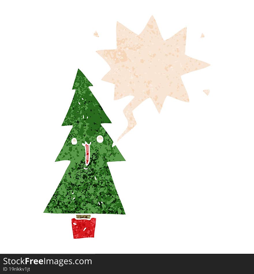 Cartoon Christmas Tree And Speech Bubble In Retro Textured Style