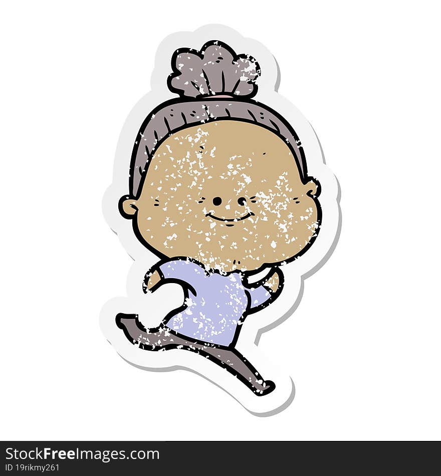 distressed sticker of a cartoon happy old woman