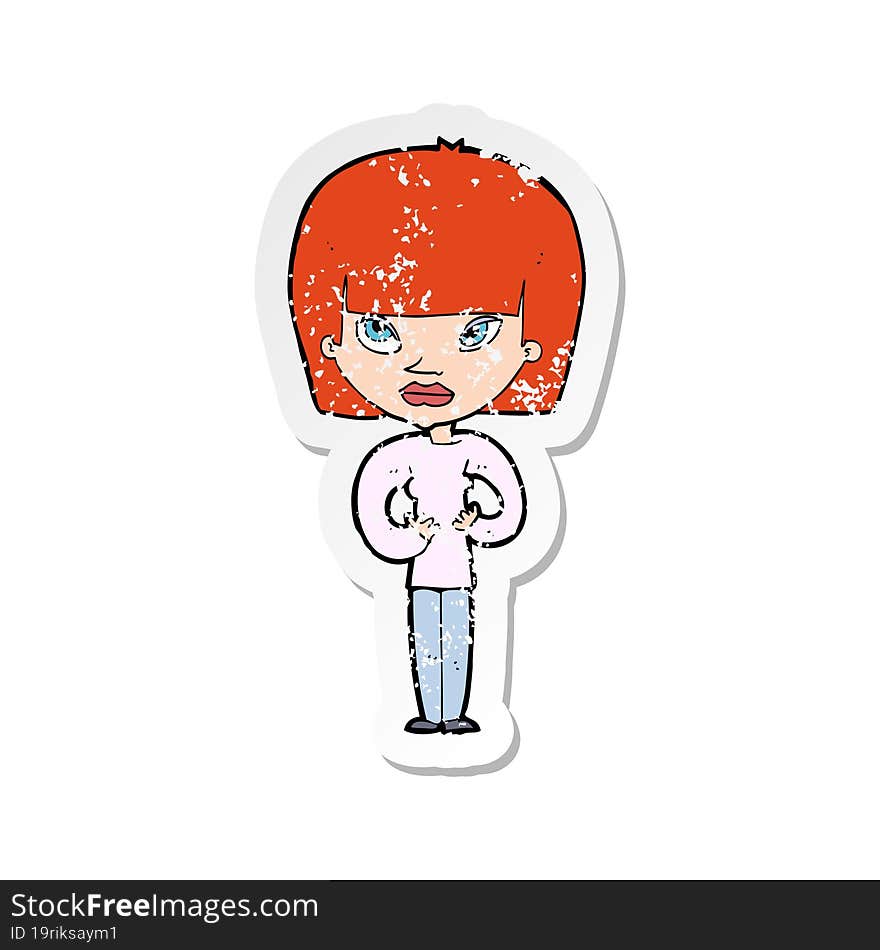 retro distressed sticker of a cartoon woman gesturing at herself